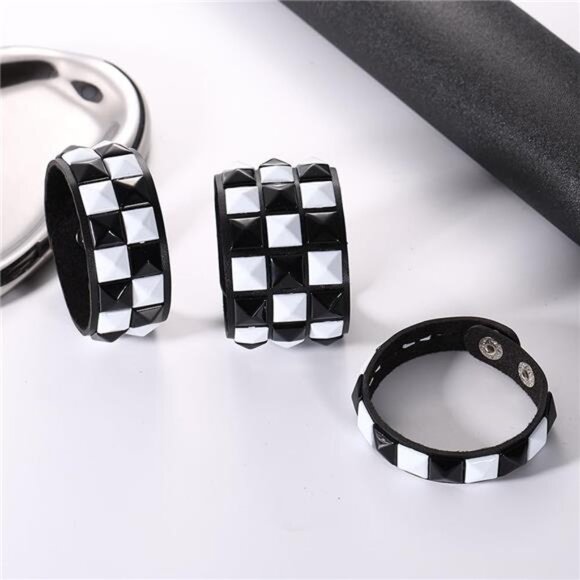3 Piece Black White Checkered Leather Studded Punk Bracelet, Adjustable Genuine - Picture 2 of 5